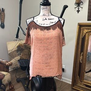 Paper Crane Coral and Chocolate Patterned semi sheer top